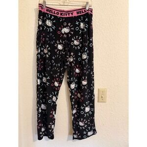 Sanrio Hello Kitty Pajama Pants Black Pink Logo Waistband Fleece Sleepwear Large